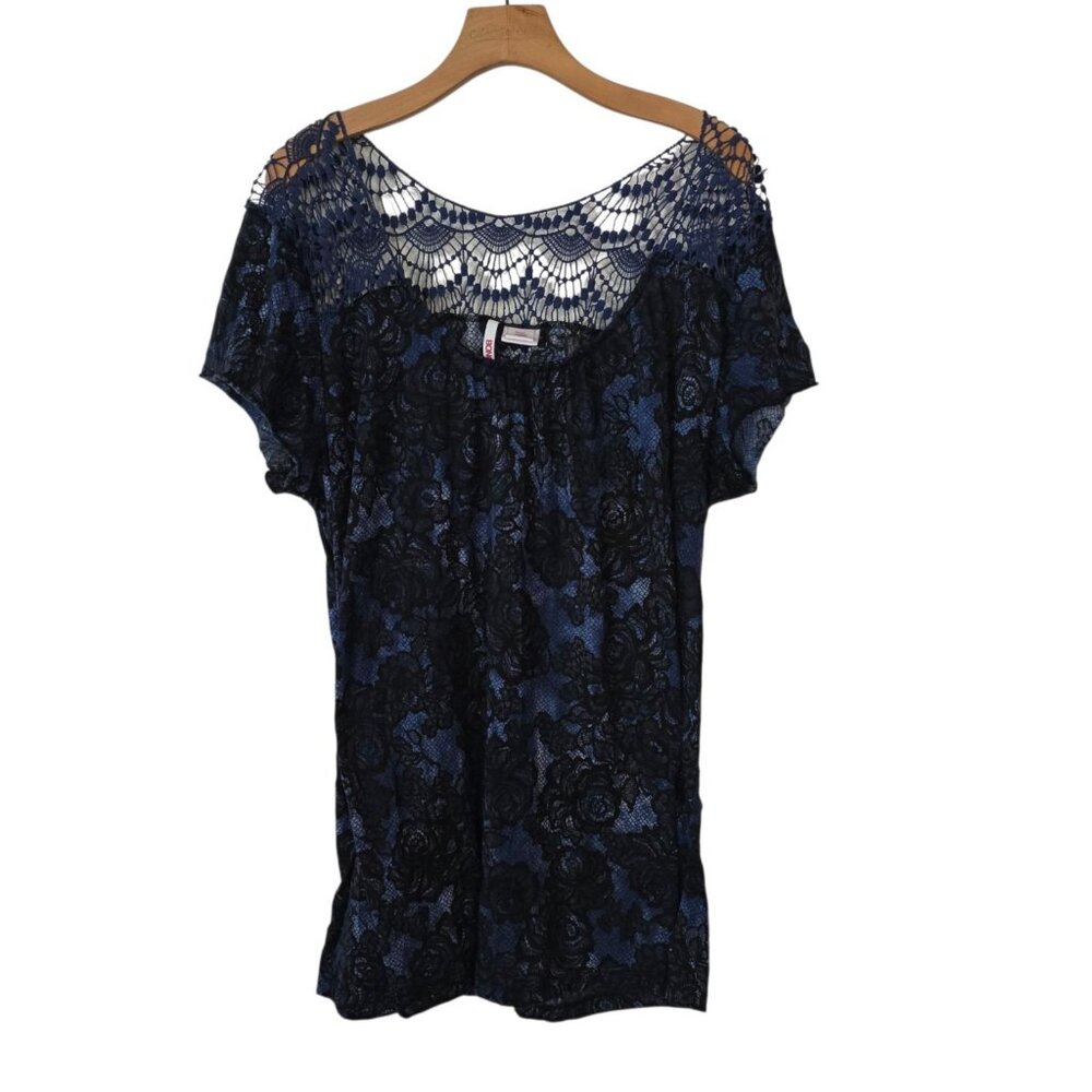 Bongo Lace Tunic Crochet Back Yoke Blue / Black Boho Festival Peasant Womens 2X‎